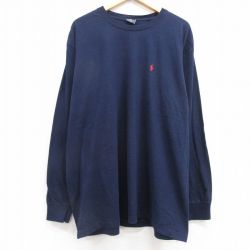 XL★古着 ラルフローレン Ralph Lauren 長袖 ブランド Tシャツ メンズ 90年代 90s ワンポイントロゴ 大きいサイズ ロング丈 コットン クルーネック 紺 ネイビー 25mar29 中古