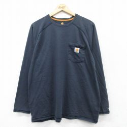 XL★古着 カーハート Carhartt 長袖 Tシャツ メンズ 胸ポケット付き ラグラン クルーネック 紺 ネイビー 25mar31 中古