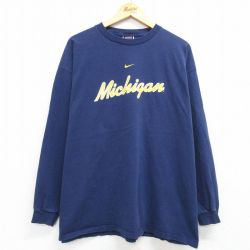XL★古着 ナイキ NIKE 長袖 ビンテージ Tシャツ メンズ 00年代 00s ミシガン 大きいサイズ コットン クルーネック 紺 ネイビー 25apr02 中古