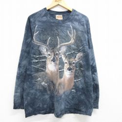 XL★古着 長袖 ビンテージ Tシャツ メンズ 00年代 00s シカ 大きいサイズ コットン クルーネック 紺 ネイビー タイダイ 25apr02 中古