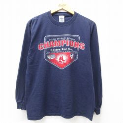 L★古着 長袖 ビンテージ Tシャツ メンズ 00年代 00s MLB ボストンレッドソックス ワールドシリーズ コットン クルーネック 紺 ネイビー メジャーリーグ ベースボール 野球 25apr11 中古