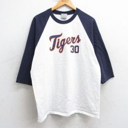 L★古着 7分袖 ビンテージ Tシャツ メンズ 00年代 00s MLB デトロイトタイガース マグリオオルドニェス 30 ラグラン ツートンカラー コットン クルーネック 白他 ホワイト メジャーリーグ ベースボール 野球 25apr14 中古 7分丈 七分丈 七分袖