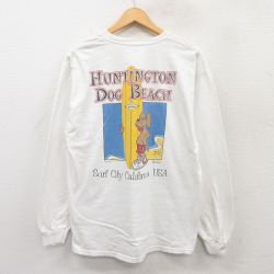 L★古着 長袖 ビンテージ Tシャツ メンズ 00年代 00s 犬 サーフィン クルーネック 白 ホワイト 25apr17 中古