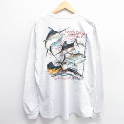XL★古着 長袖 ビンテージ Tシャツ メンズ 00年代 00s 魚 胸ポケット付き クルーネック 薄グレー 霜降り 25apr23 中古