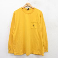XL★古着 ラルフローレン Ralph Lauren 長袖 ブランド Tシャツ メンズ 90年代 90s ワンポイントロゴ 胸ポケット付き 大きいサイズ コットン クルーネック USA製 黄 イエロー 25apr23 中古