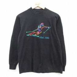 M★古着 オニータ ONEITA 長袖 ビンテージ Tシャツ メンズ 90年代 90s スキー 刺繍 コットン クルーネック USA製 黒 ブラック 25apr23 中古