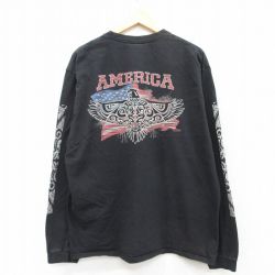 XL★古着 Crazy Shirts 長袖 Tシャツ メンズ 鳥 アメリカ 星条旗 大きいサイズ コットン クルーネック 黒 ブラック 25apr23 中古