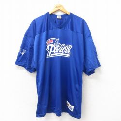 【20%OFF】XL★古着 マジェスティック 半袖 ビンテージ フットボール Tシャツ メンズ 90年代 90s NFL ニューイングランドペイトリオッツ ロング丈 メッシュ地 Vネック USA製 青 ブルー アメフト スーパーボウル ユニフォーム ゲームシャツ 25apr25 中古