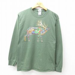 M★古着 長袖 ビンテージ Tシャツ メンズ 00年代 00s シカ コットン クルーネック 濃緑 グリーン 25apr26 中古