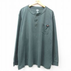 XL★古着 ディッキーズ Dickies 長袖 Tシャツ メンズ 胸ポケット付き 大きいサイズ ロング丈 コットン ヘンリーネック 緑 グリーン 25apr26 中古