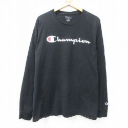 XL★古着 チャンピオン Champion 長袖 Tシャツ メンズ ビッグロゴ 大きいサイズ コットン クルーネック 黒 ブラック 25apr26 中古