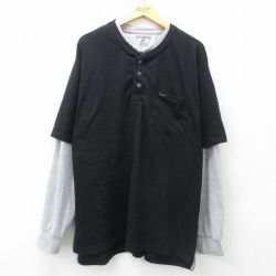 【50%OFF】XL★古着 長袖 Tシャツ メンズ STANLEY 胸ポケット付き 大きいサイズ ロング丈 ヘンリーネック 黒他 ブラック 25apr26 中古