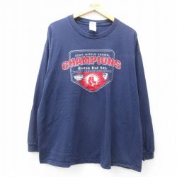 XL★古着 長袖 ビンテージ Tシャツ メンズ 00年代 00s MLB ボストンレッドソックス 大きいサイズ コットン クルーネック 紺 ネイビー メジャーリーグ ベースボール 野球 25apr26 中古