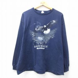 【50%OFF】XL★古着 長袖 Tシャツ メンズ 鳥 湖 大きいサイズ ジャージ クルーネック 紺 ネイビー 25apr26 中古