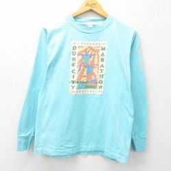 M★古着 オニータ ONEITA 長袖 ビンテージ Tシャツ メンズ 90年代 90s マラソン DUKE CITY 企業広告 コットン クルーネック USA製 水色 25apr26 中古
