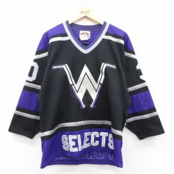 XL★古着 長袖 ビンテージ Tシャツ アイスホッケー ジャージ メンズ 90年代 90s SELECTS POWERADE 30 大きいサイズ Vネック カナダ製 黒他 ブラック ユニフォーム ゲームシャツ 25may01 中古