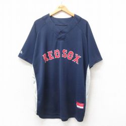 XL★古着 マジェスティック 半袖 Tシャツ メンズ MLB ボストンレッドソックス 大きいサイズ ロング丈 ラグラン Vネック 紺 ネイビー メジャーリーグ ベースボール 野球 ユニフォーム ゲームシャツ 25may02 中古
