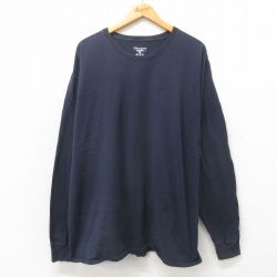 XL★古着 チャンピオン Champion 長袖 Tシャツ メンズ ワンポイントロゴ 大きいサイズ コットン クルーネック 紺 ネイビー 25may02 中古