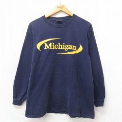 【50%OFF】L★古着 STEVE&BARRYS 長袖 Tシャツ メンズ ミシガン コットン クルーネック 紺 ネイビー 25may02 中古