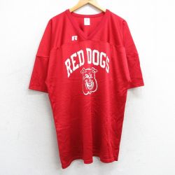 XL★古着 ラッセル 半袖 ビンテージ フットボール Tシャツ メンズ 00年代 00s RED DOGS 75 メッシュ地 大きいサイズ ロング丈 Vネック 赤 レッド ユニフォーム ゲームシャツ 25may02 中古