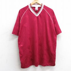 【50%OFF】XL★古着 半袖 ビンテージ サッカー Tシャツ メンズ 00年代 00s 総柄 ラグラン 大きいサイズ Vネック えんじ 25may02 中古