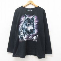 XL★古着 長袖 ビンテージ Tシャツ 00年代 00s インディアン オオカミ 大きいサイズ コットン クルーネック 黒 ブラック 25may12 中古 メンズ