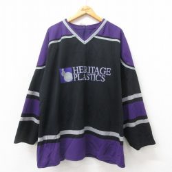 XL★古着 長袖 ビンテージ Tシャツ アイスホッケー ジャージ メンズ 00年代 00s ヘリテージ 大きいサイズ ロング丈 メッシュ地 Vネック カナダ製 黒 ブラック ユニフォーム ゲームシャツ 25may12 中古