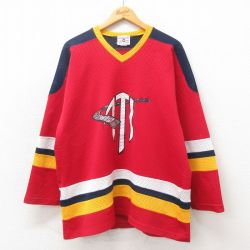 【50%OFF】XL★古着 長袖 ビンテージ Tシャツ アイスホッケー ジャージ メンズ 90年代 90s スティック メッシュ地 Vネック USA製 赤 レッド ユニフォーム ゲームシャツ 25may12 中古