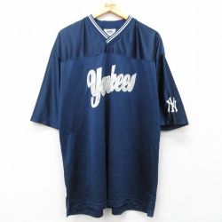 XL★古着 リー Lee 半袖 ビンテージ フットボール Tシャツ メンズ 00年代 00s MLB ニューヨークヤンキース メッシュ地 大きいサイズ ロング丈 Vネック 紺 ネイビー ユニフォーム ゲームシャツ メジャーリーグ ベースボール 野球 25may12 中古