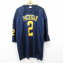 XL★古着 半袖 ビンテージ フットボール Tシャツ メンズ 90年代 90s ミシガン 2 メッシュ地 大きいサイズ ロング丈 Vネック USA製 紺 ネイビー ユニフォーム ゲームシャツ 25may12 中古