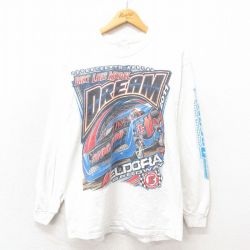 L★古着 長袖 Tシャツ メンズ レーシングカー コットン クルーネック 白 ホワイト 25may17 中古