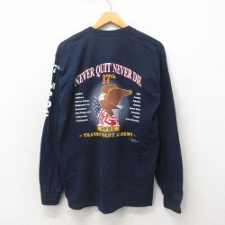 L★古着 長袖 ビンテージ Tシャツ メンズ 00年代 00s 鳥 コットン クルーネック 紺 ネイビー 25may17 中古
