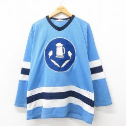 XL★古着 長袖 ビンテージ Tシャツ アイスホッケー ジャージ メンズ 90年代 90s ビール 大きいサイズ メッシュ地 Vネック 水色 ユニフォーム ゲームシャツ 25may17 中古