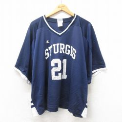 XL★古着 チャンピオン champion 半袖 ビンテージ フットボール Tシャツ メンズ 00年代 00s 21 大きいサイズ メッシュ地 Vネック 紺 ネイビー ユニフォーム ゲームシャツ 25may17 中古