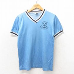 S★古着 半袖 ビンテージ サッカー Tシャツ メンズ 90年代 90s ハーバード Vネック USA製 水色 25may20 中古