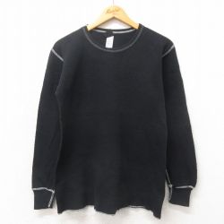 L★古着 長袖 サーマル Tシャツ メンズ 無地 クルーネック 黒 ブラック 25may20 中古