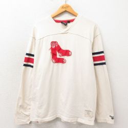 L★古着 リーボック REEBOK 長袖 ビンテージ フットボール Tシャツ メンズ 00年代 00s MLB ボストンレッドソックス コットン Vネック 生成り メジャーリーグ ベースボール 野球 25may21 中古