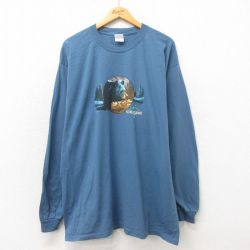 XL★古着 長袖 ビンテージ Tシャツ メンズ 00年代 00s クマ 大きいサイズ ロング丈 コットン クルーネック 紺 ネイビー 25may21 中古