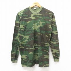 M★古着 長袖 ビンテージ Tシャツ メンズ 80年代 80s ウッドランドカモ クルーネック USA製 緑 グリーン 迷彩 25may22 中古