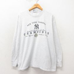 XL★古着 リー Lee 長袖 ビンテージ Tシャツ メンズ 90年代 90s MLB ニューヨークヤンキース 大きいサイズ コットン クルーネック USA製 グレー 霜降り メジャーリーグ ベースボール 野球 25may22 中古