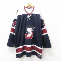 XL★古着 長袖 Tシャツ アイスホッケー ジャージ メンズ S 大きいサイズ ロング丈 メッシュ地 Vネック 紺 ネイビー ユニフォーム ゲームシャツ 25may22 中古