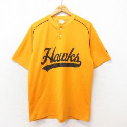 L★古着 半袖 ビンテージ Tシャツ メンズ 90年代 90s ホークス メッシュ地 ヘンリーネック カナダ製 黄 イエロー 25may24 中古