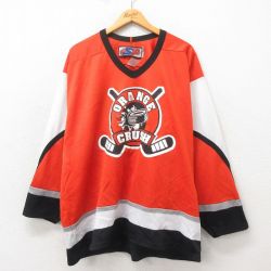 XL★古着 長袖 ビンテージ Tシャツ アイスホッケー ジャージ メンズ 00年代 00s クラッシュ 大きいサイズ メッシュ地 Vネック カナダ製 オレンジ ユニフォーム ゲームシャツ 25may24 中古