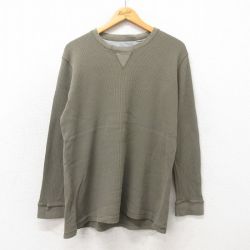 XL★古着 長袖 サーマル Tシャツ メンズ 無地 コットン クルーネック 緑 グリーン 25may24 中古