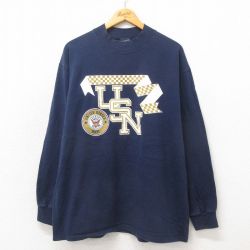 XL★古着 長袖 ビンテージ Tシャツ メンズ 90年代 90s ミリタリー USN コットン ハイネック モックネック USA製 紺 ネイビー 25may24 中古