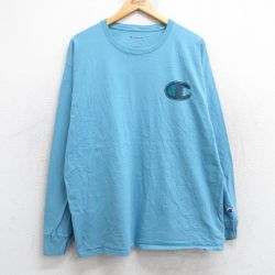 【20%OFF】L★古着 チャンピオン Champion 長袖 Tシャツ メンズ ワンポイントロゴ コットン クルーネック 水色 25jun02 中古