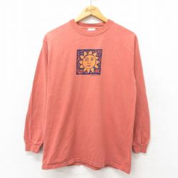 M★古着 長袖 Tシャツ メンズ 顔 コットン クルーネック エンジ 25jun06 中古
