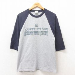 M★古着 マジェスティック 7分袖 ビンテージ Tシャツ メンズ 00年代 00s MLB ニューヨークヤンキース スタジアム クルーネック グレー 霜降り メジャーリーグ ベースボール 野球 25jun12 中古 7分丈 七分丈 七分袖