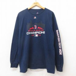 【50%OFF】XL★古着 マジェスティック 長袖 Tシャツ メンズ MLB ボストンレッドソックス 大きいサイズ クルーネック 紺 ネイビー メジャーリーグ ベースボール 野球 25jun12 中古