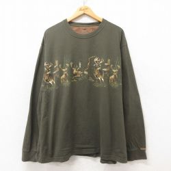 【50%OFF】XL★古着 長袖 Tシャツ メンズ シカ 大きいサイズ コットン クルーネック 緑 グリーン 25jun12 中古